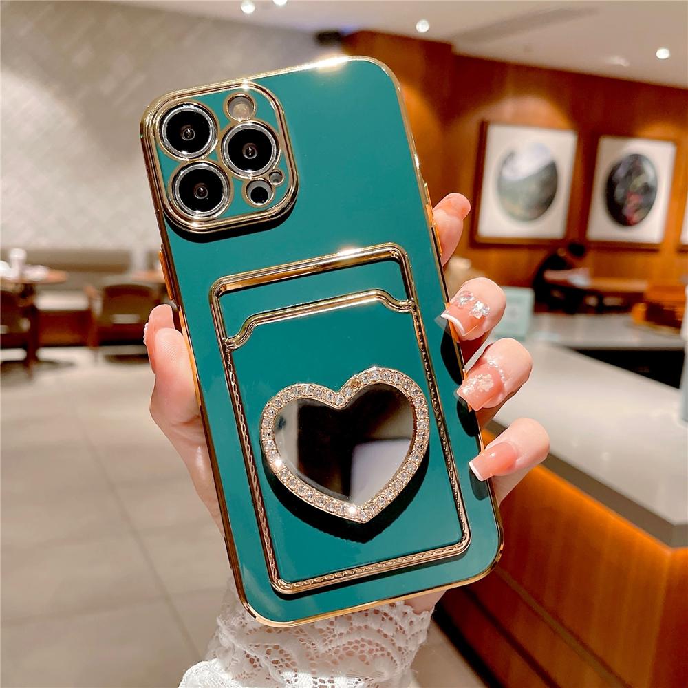 Glitter Rhinestone Love Heart Mirror Plating Wallet Card Case For iPhone 16 15 14 13 11 12 Pro Max XS X 7 8 Plus Soft Slot Cover