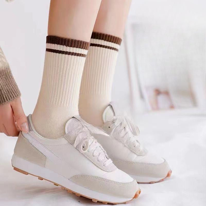 5 Pairs of Socks, Women's Mid-calf Socks, Sports Socks, Striped Two-bar College Cotton Socks, Casual and Breathable