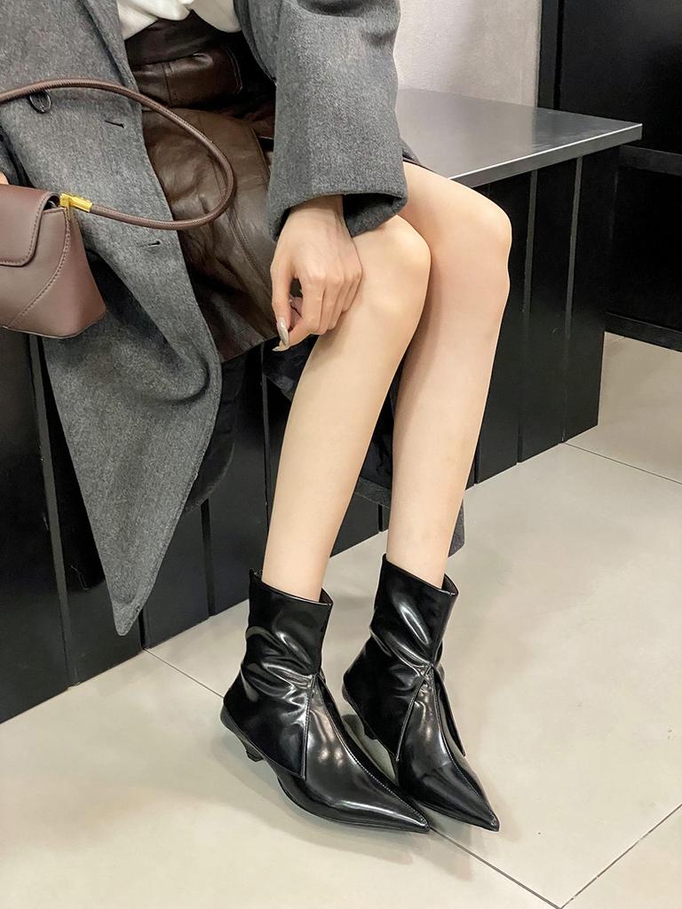 fashion Winter Women Ankle Boots Pointed Toe Black White Brown Thin Low Heels Back Zipper Winter Autumn Short Boots Woman Size 35-40