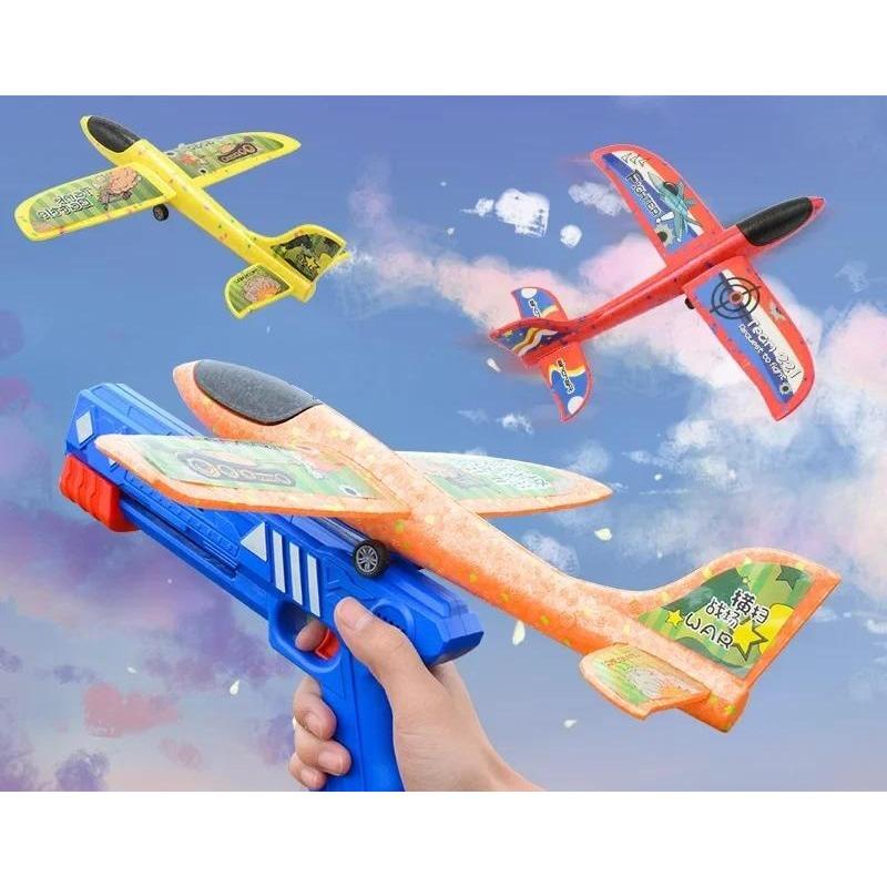Avião de Espuma para Crianças Lançador de 10M Catapulta Arma de Avião Brinquedo Jogo ao Ar Livre Infantil Modelo de Bolha Tiro Brinquedos de Pista Giratória Presentes