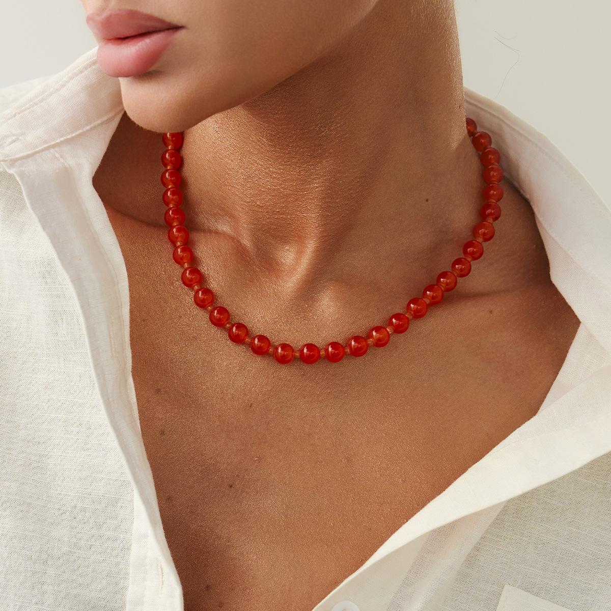

Wind Ice Glass Bead Beaded Necklace, Simple Red Bead Collarbone Necklace Necklace