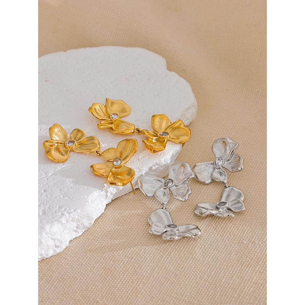 Yhpup Stainless Steel Metal Flower Bow Knot Drop Dangle Earrings High Quality CZ Waterproof Statement Jewelry for Party