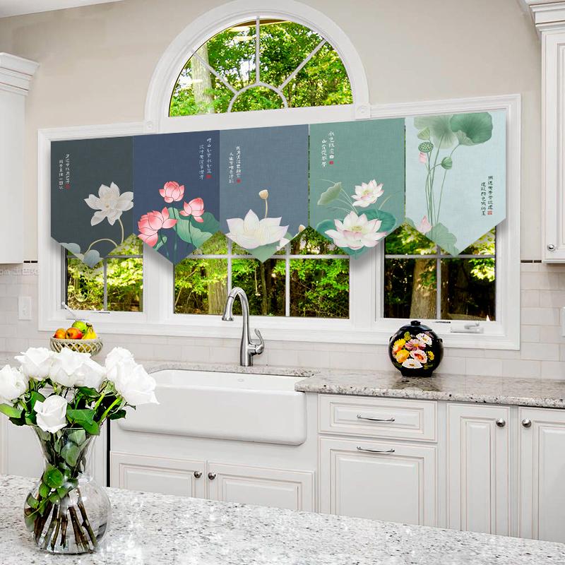 Chinese Half Curtain Ancient Style Lotus Printed Pennant Kitchen Door Short Curtain Home Bedroom Window Decor Window Shade