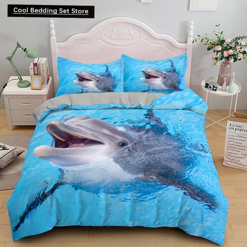 Ocean Dolphin Duvet Cover King Queen Size Cute Dolphin Jumping In The Blue Sea Bedding Set Children 3D Animal Sunset Quilt Cover