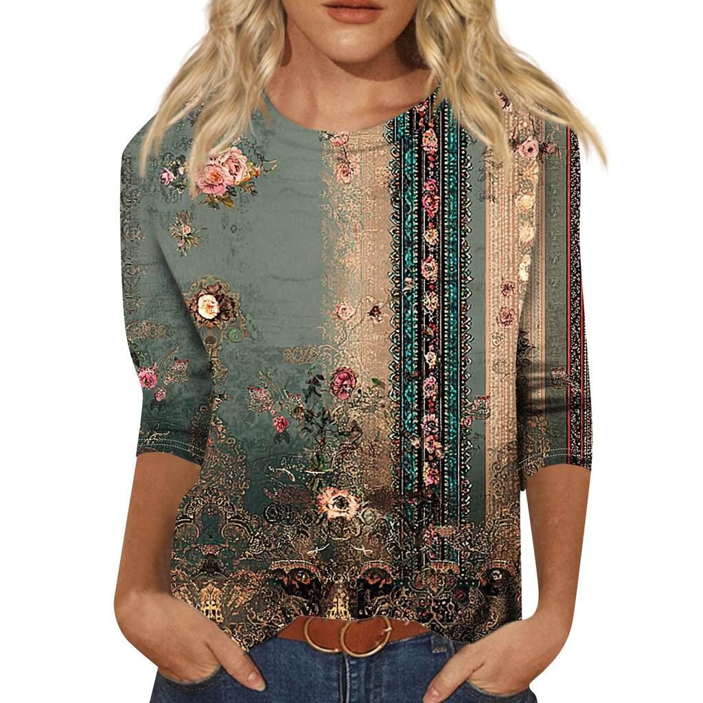 Trendy Vintage 3/4 Sleeve Top For Women ,Ladies Casual Three Quarter Sleeve Round Collar Printed T-Shirt Blouse