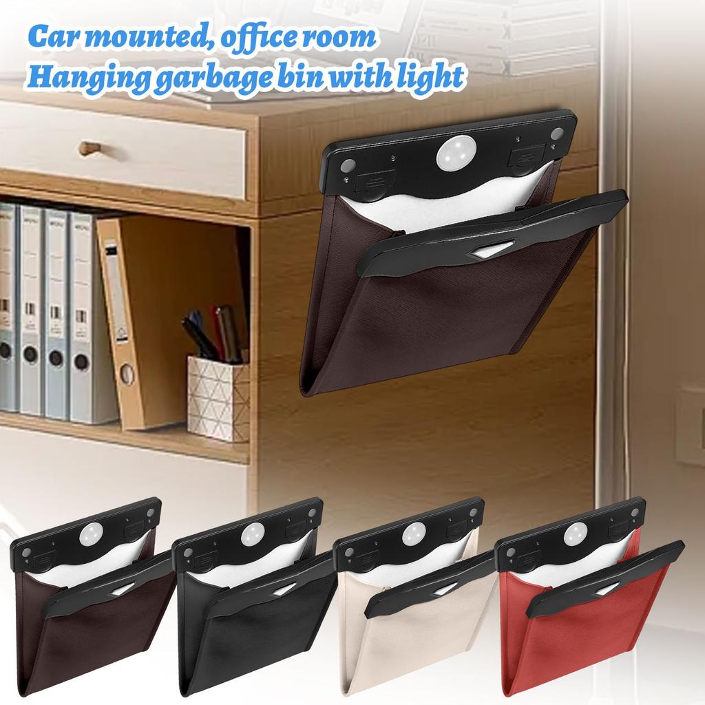 Smart LED Car Trash Can Waterproof Garbage Bag Passenger Side Faux Leather Storage Bag Leakproof Reusable Hanging