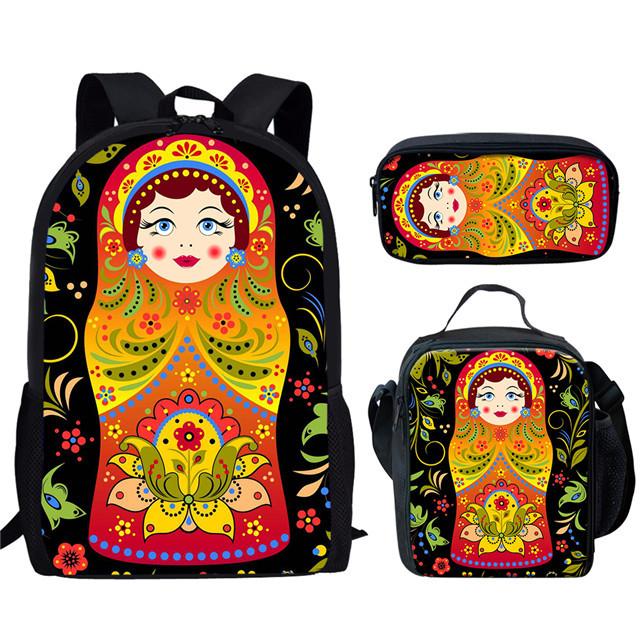 Classic Popular Peculiar Funny Russian Dolls 3D Print 3pcs/Set Pupil School Bags Laptop Daypack Backpack Lunch Bag Pencil Case