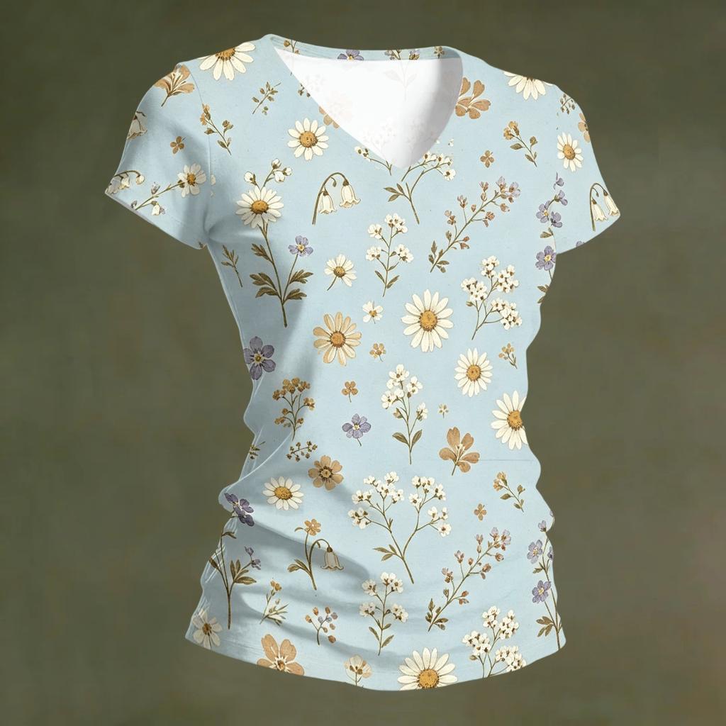 Women’s Casual V Neck Short Sleeve T Shirt Floral Print Loose Fit Lightweight Top for Daily Wear Vacation Office