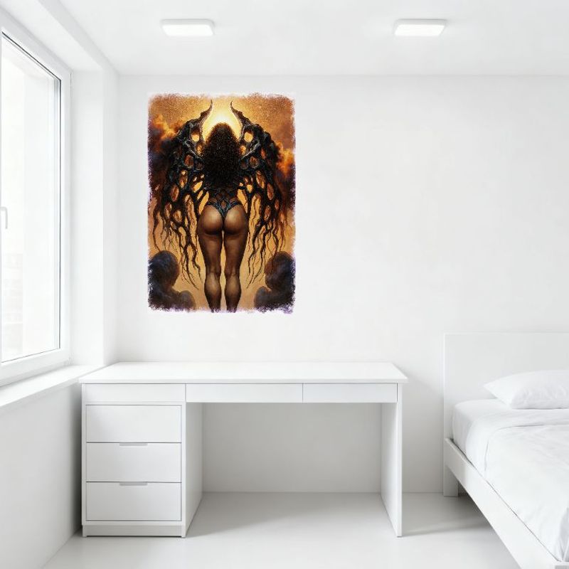 Sexy Curvy Woman with Massive Grotesque Organic Wings In Warm Orange Sky Metal Tin Sign Vintage Wall Decor for Home Bar Pub 8x12