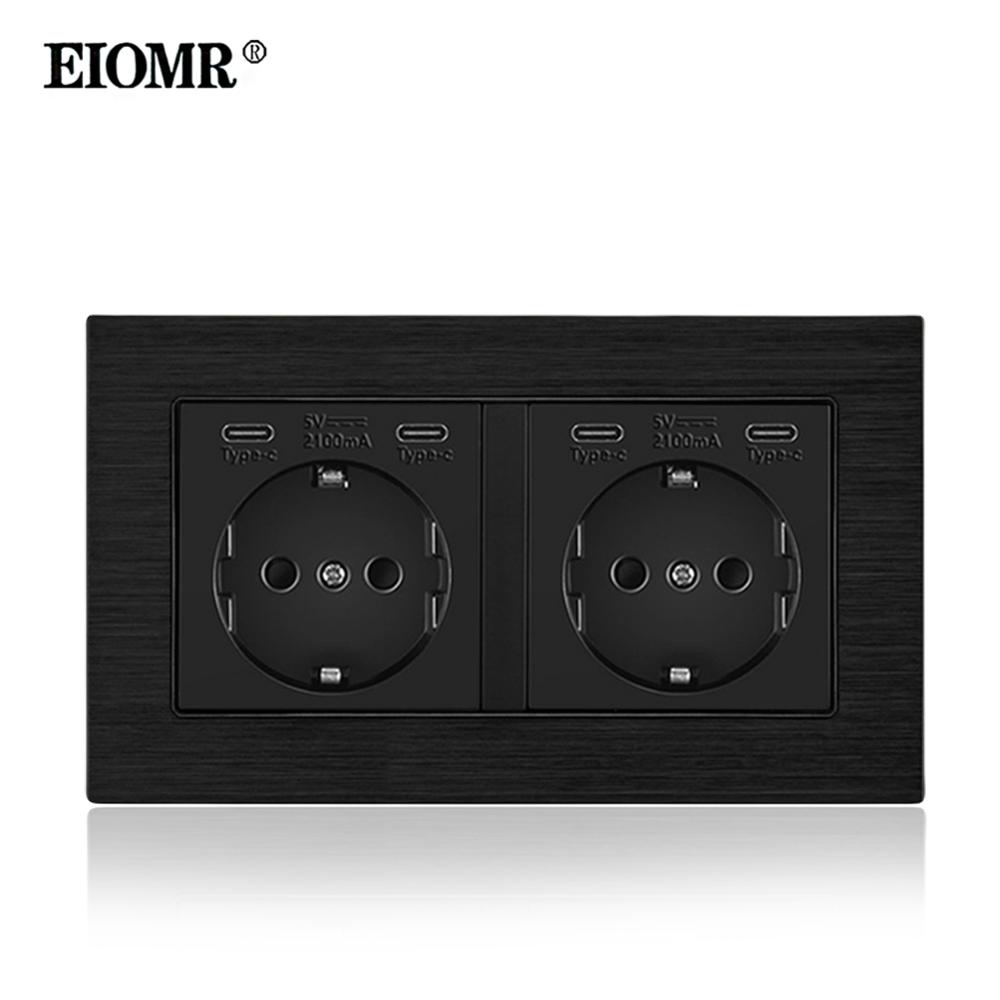 

EIOMR EU Standard USB-C Power Double Socket, AC 250V 16A Flush Mount Wall Socket, 5V 2.1A USB-C Port Standard Electrical Outlet Aluminum Alloy Black