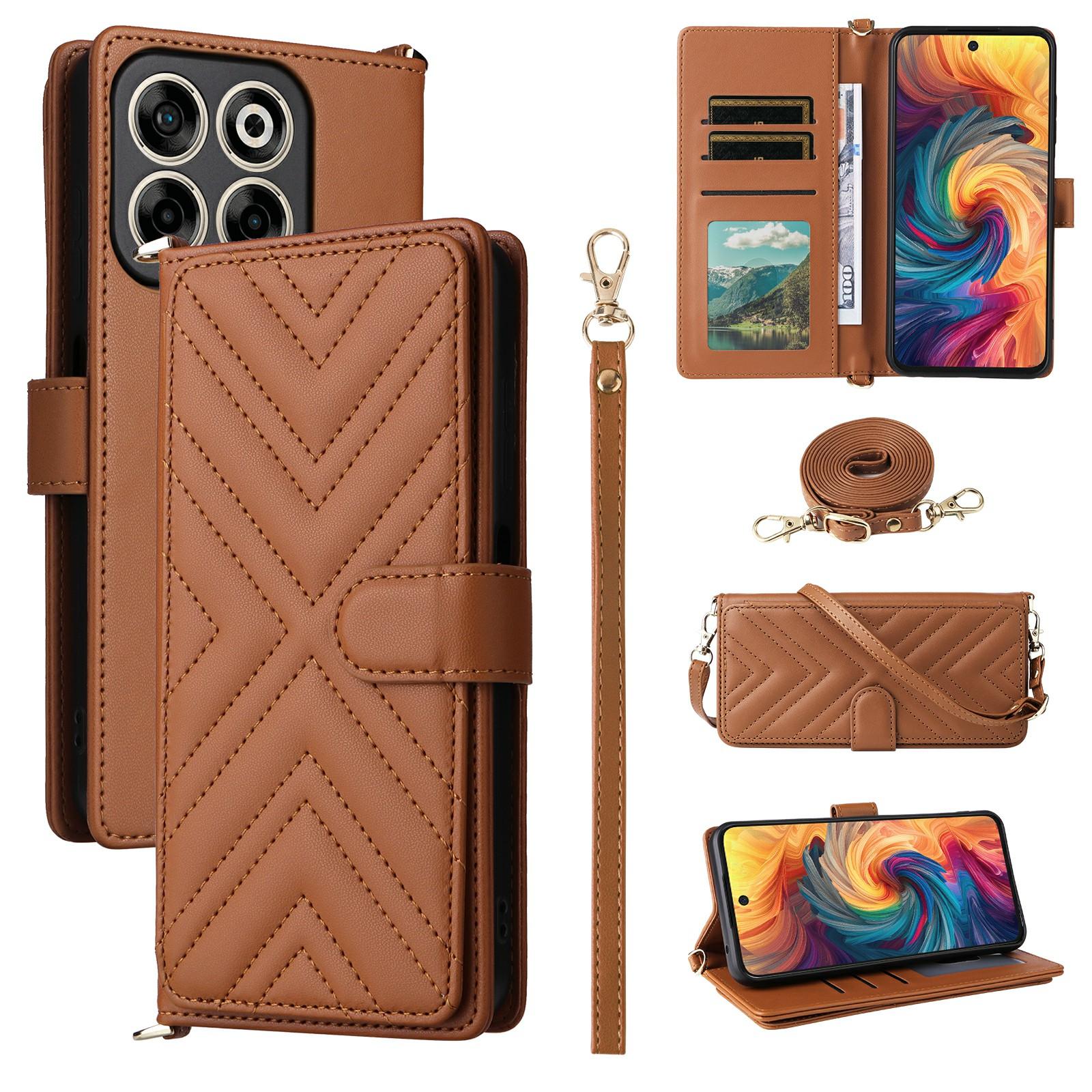 

Для ZTE Blade V70/nubia V70 Чехол-кошелек с плечевым/кистевым ремешком Кожаный чехол для телефона Подставка Brown