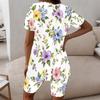 Women Plus Size Round Neck Short Sleeve White Floral Printed Two Piece Shorts Set