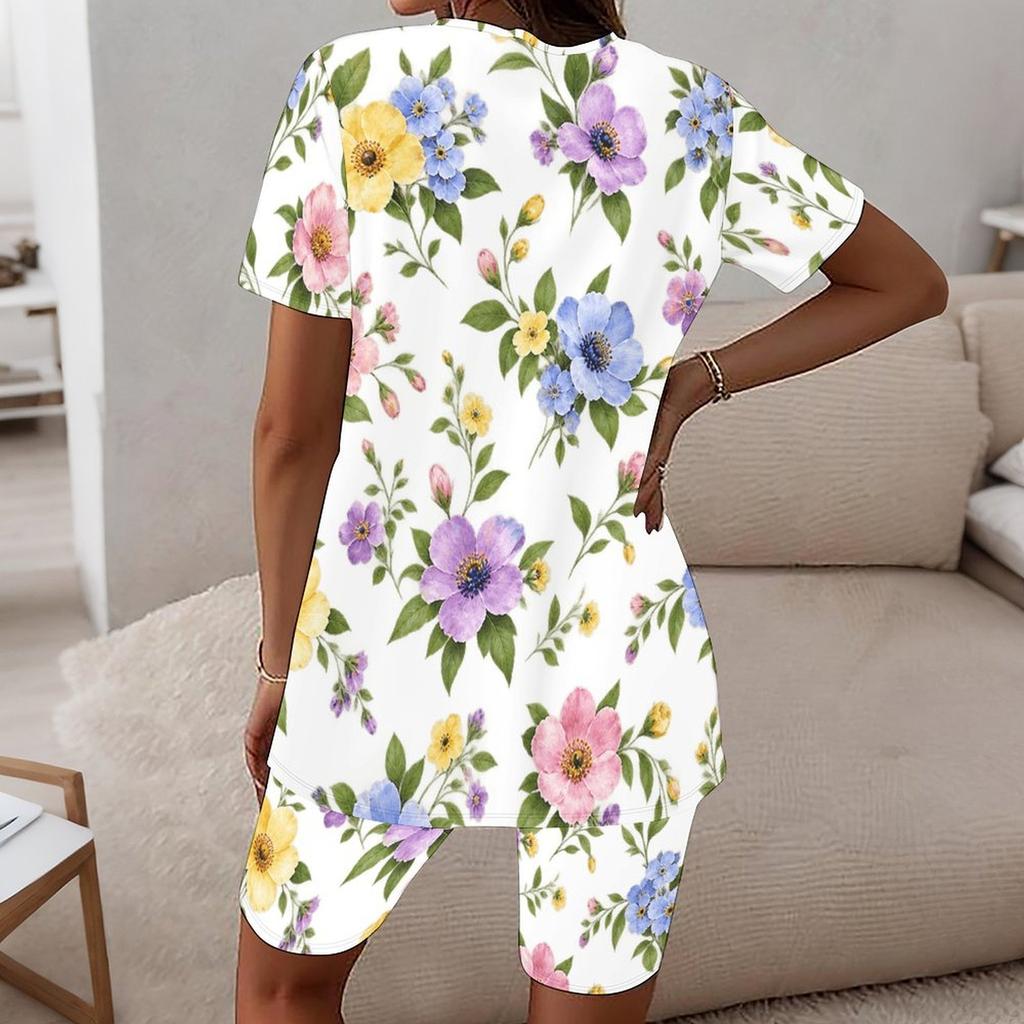 Women Plus Size Round Neck Short Sleeve White Floral Printed Two Piece Shorts Set