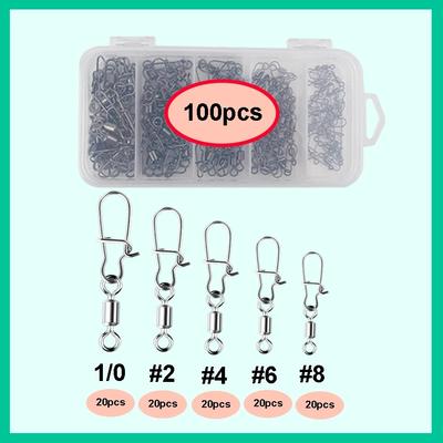 100pc/box Stainless Steel Fishing Connector Pin 1/0# 2# 4# 6# 8# Bearing Rolling Swivel with Snap Fishhook Lure Accessories