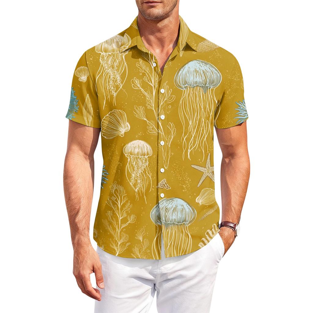 Men's Hawaiian Print Short Sleeve Button Down Shirt Casual Outdoor Collared Top with Tree Pattern for Summer Beach Vacation