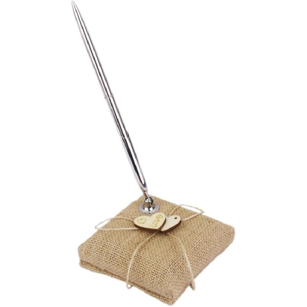EBTOYS Vintage Burlap Wedding Reception Guest Pen with Stand Wooden Hearts Embellished Wedding Reception Party Table Decor