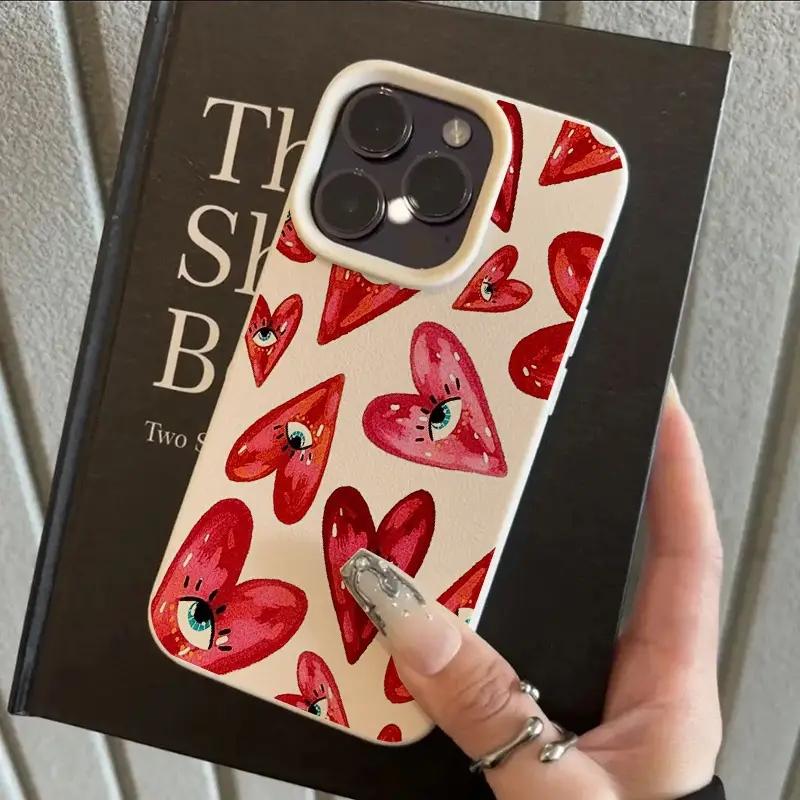 Vintage Red Eyes Heart Lichee Pattern Phone Case for iPhone 11 12 13 14 15 16 17 Pro Max X XS XR 16E Plus 17Air Shockproof Cover