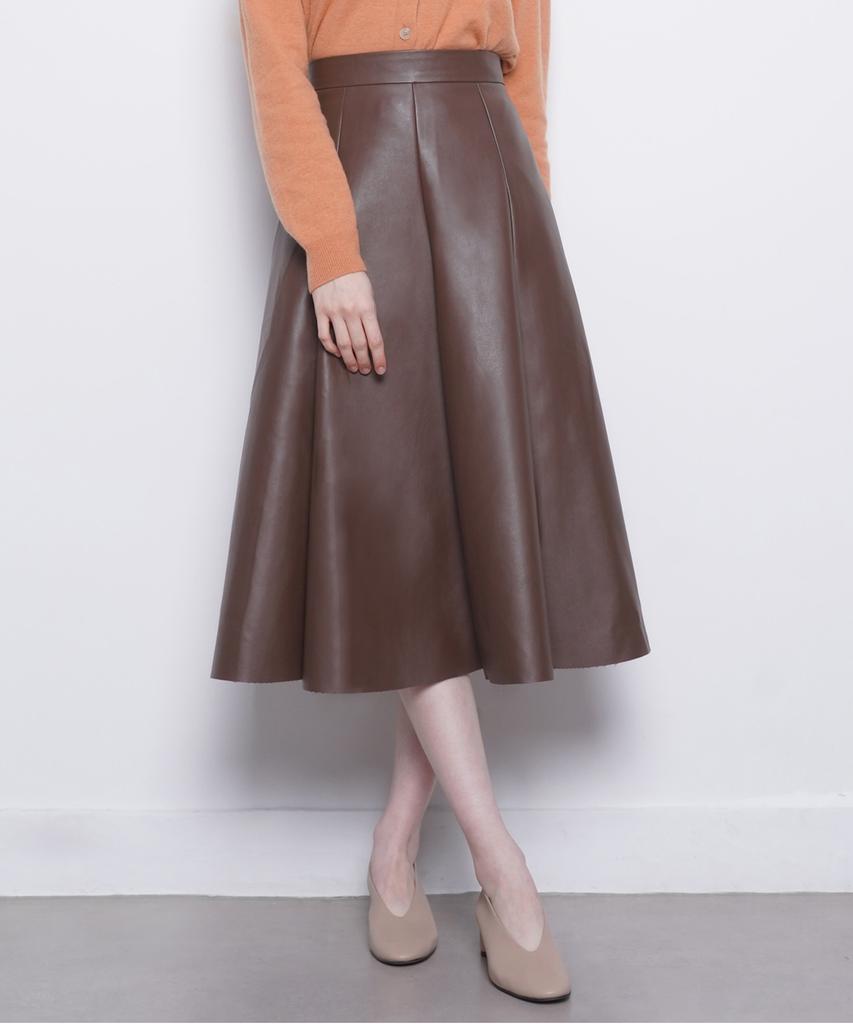 THE-ABON Women Faux Leather Pleated A Skirt Brown