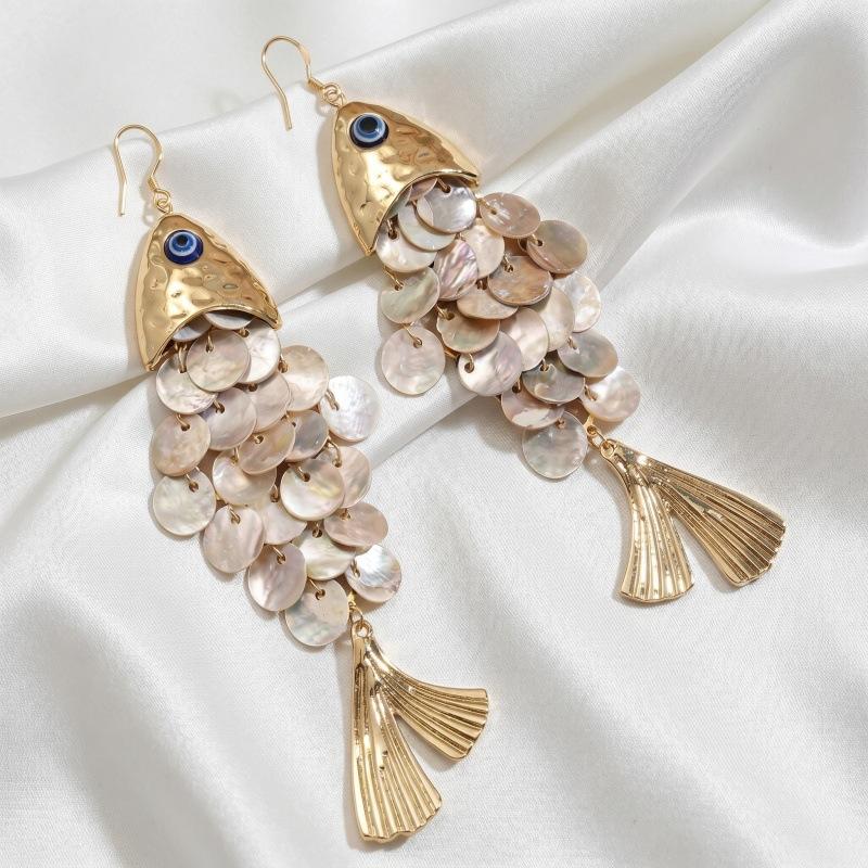 Retro vacation wind devil's eye shell fish earrings European and American exaggerated long fringed earrings