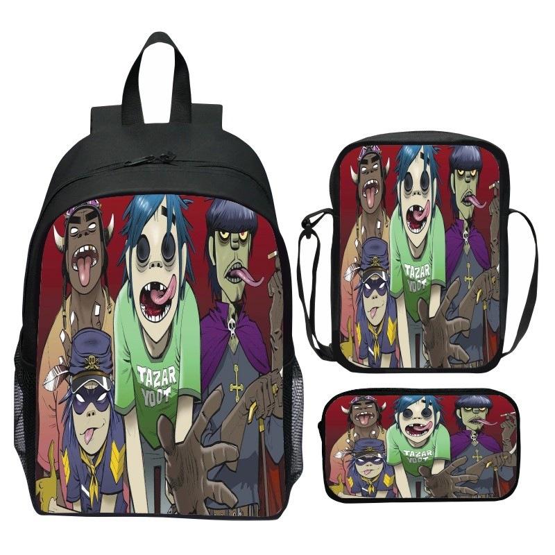 Gorillaz UK Virtual Band Printed Cartoon Backpack 3-Piece Set School Bag Lightweight Large Capacity
