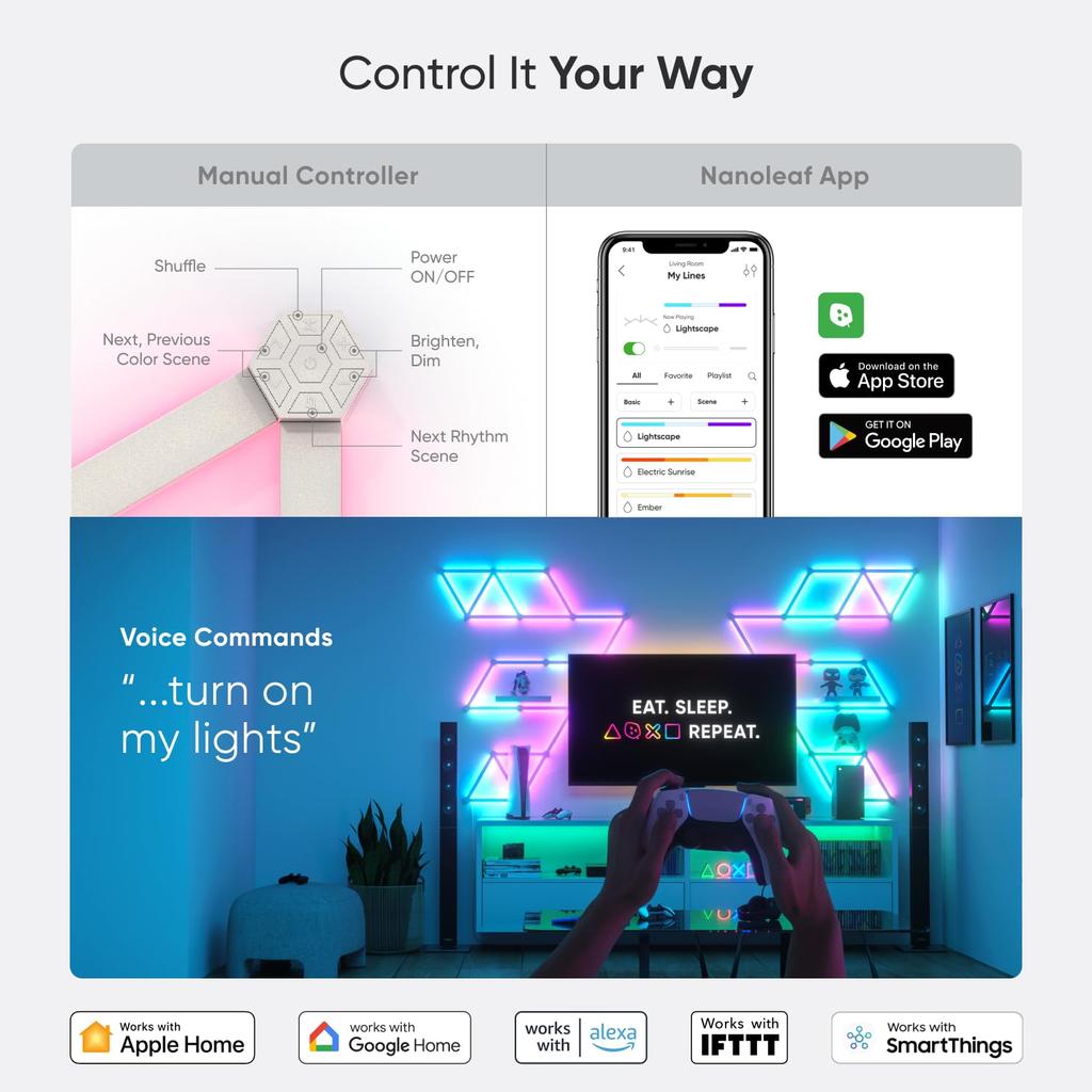 Nanoleaf Lines 60° Expansion Pack (3-Pack) - Easy Installation, 16.8 Million RGBCW Colors, Smart Light, Gaming Light, Interior Lighting