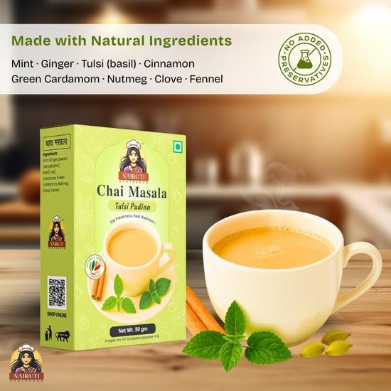 Nairuti Vyutpadan Tulsi Pudina Tee Masala Pulver 50g – Kräuter Chai Masala mit Basilikum & Minze | Reines & Natürliches Chai Gewürz | Winterimmunität