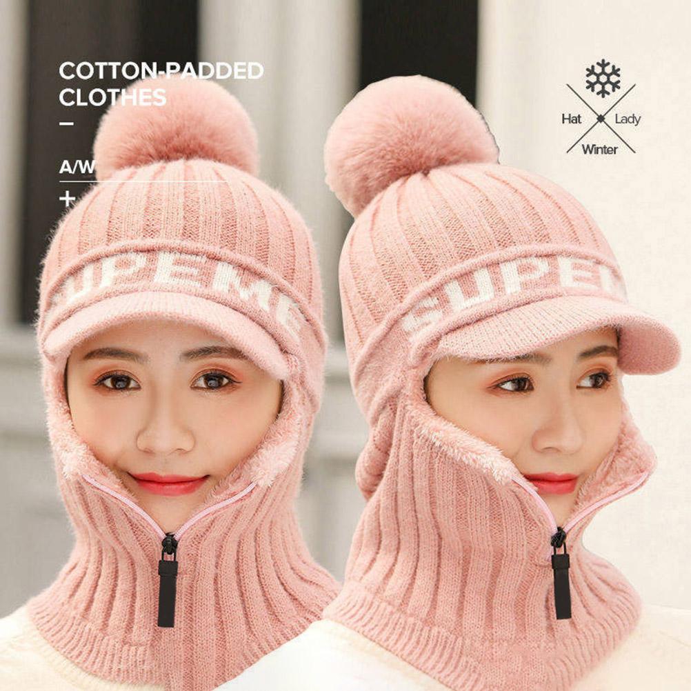 Winter Knitted Hat Scarf Set Beanie Zip Scarf Earflap Fleece Lined Ski  with Pompom Windproof Thermal Hat Neck Warmer