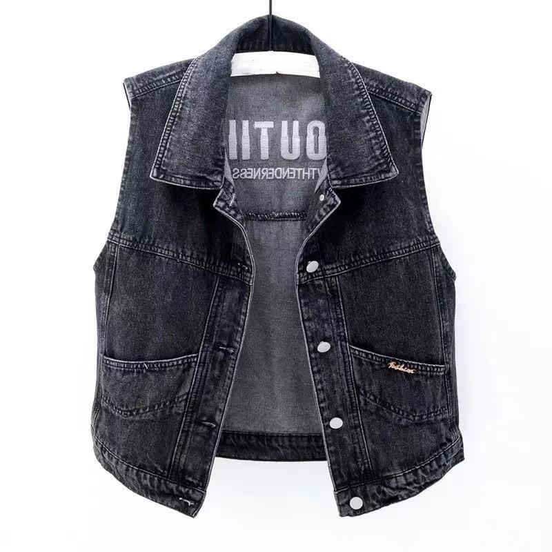 

Women s Spring/Autumn Embroidered Denim Vest Slim-Fit Outerwear Short Sleeveless Top 3XL чорний