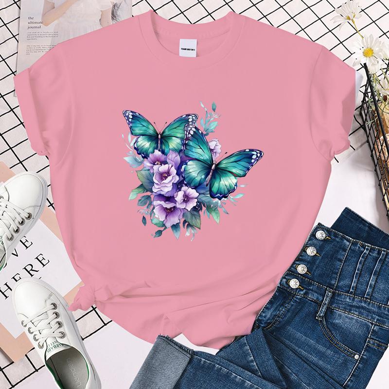 (Premium T-shirt)Funny Flower Butterfly Print T-Shirts For Women Summer Round Neck Tee Shirt Femme Fashion Casual T-Shirts