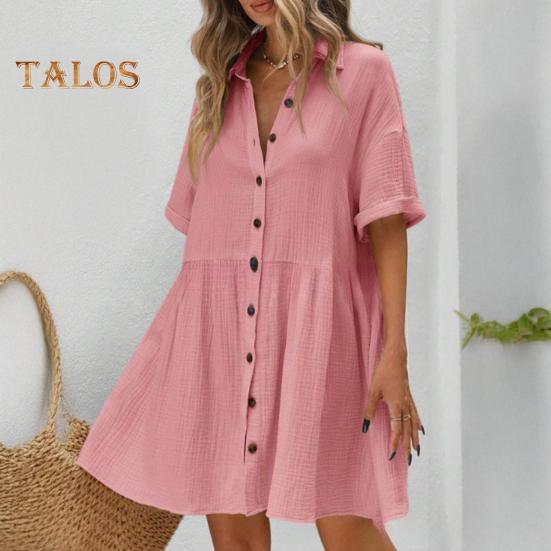 Women's Short Sleeve Shirt Dress Lapel V Neck Button Down Swing Dress Summer Casual Flowy Beach Sundress