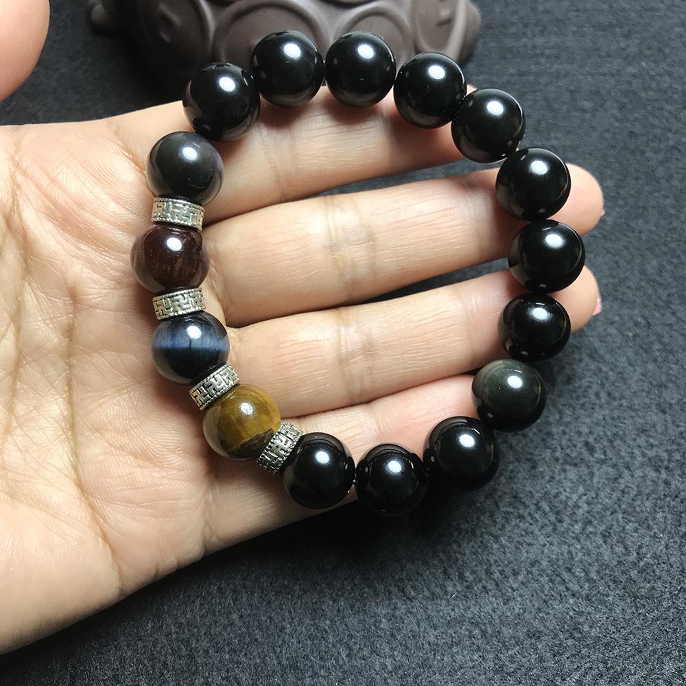 12mm Natural Obsidian & Yellow Tiger Eye Men's Beaded Bracelet