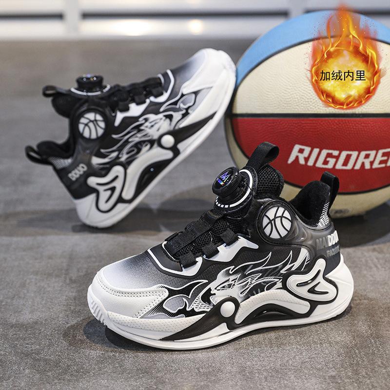 Autumn Middle and Older Children's New Rotating Velvet Boys' Shoes Buckle Children's Mesh Sports Shoes Basketball Shoes Cotton 2025