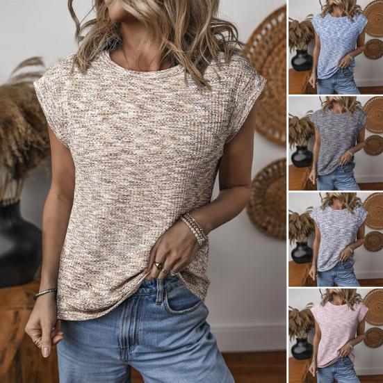 Women Tops Round Neck Short Sleeves Waffle Texture T-shirt Pure Color Loose Fit Knitted Tops Daily Casual Wear