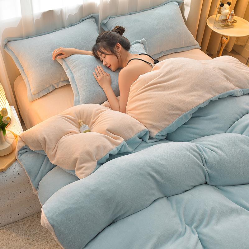 Class A Maternal Infant Grade Milk Fleece 4-Pcs Set, Warm Thickened Coral Fleece Fleece Bed Sheet, Bed Hat, Quilt Cover 3-Pcs Set