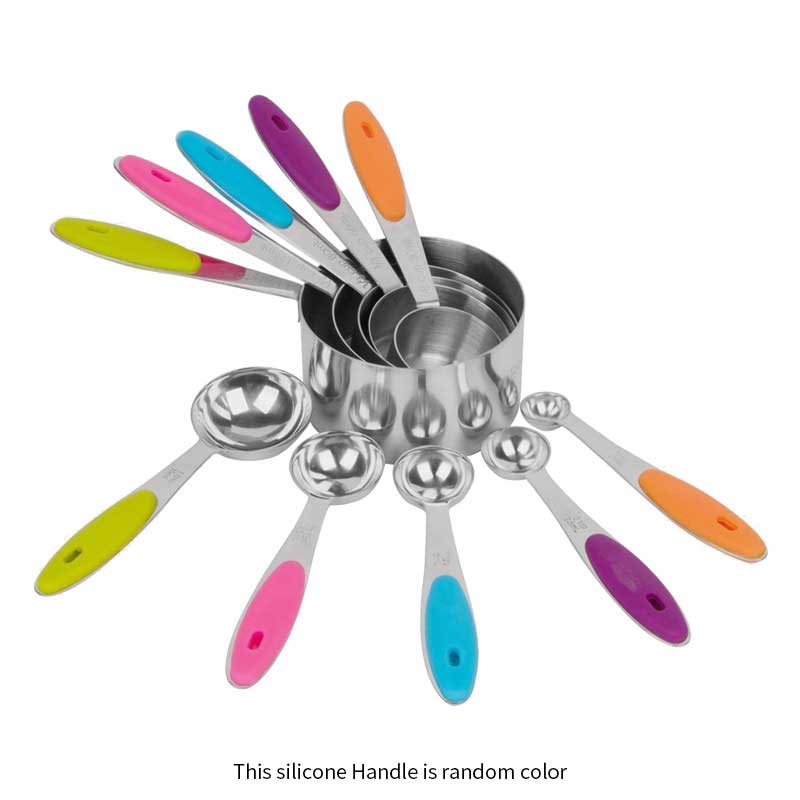 Stainless Steel Measuring Cups and Spoons Set Nesting Metal Measuring Set with Silicone Handles for Dry and Liquid Ingredients