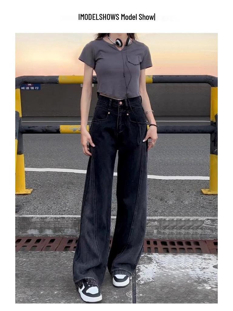 2024 Autumn Plus Size Women's Retro High Waist Wide Leg Jeans - Slimming Straight Fit