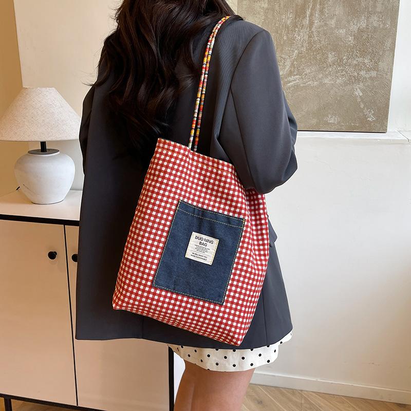 American double-sided bag plaid canvas bag women's commuter tote bag retro contrasting color hand bag spring and summer new parent-child bag
