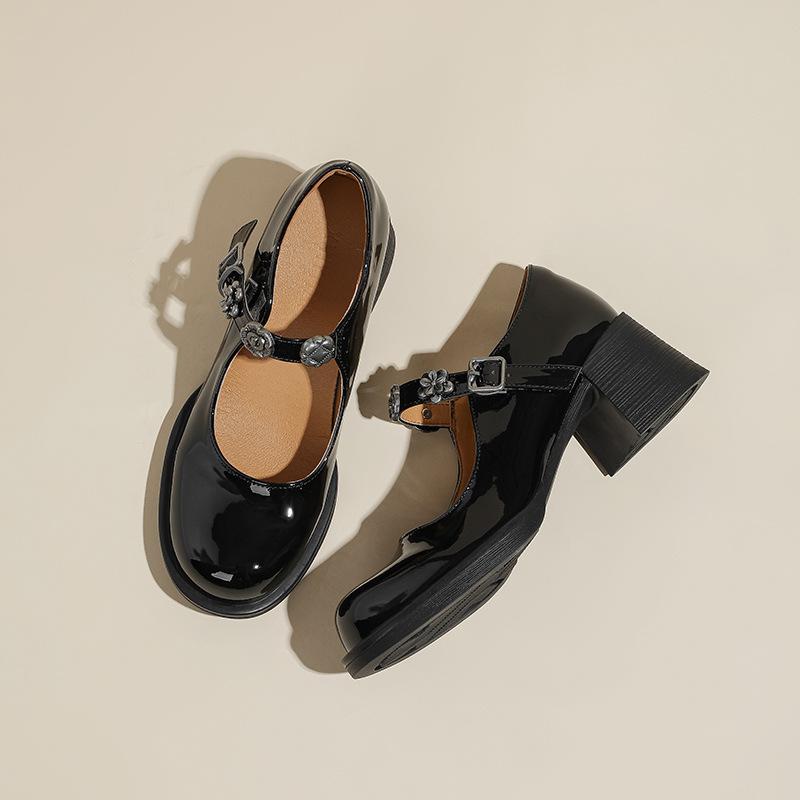 French retro round head bright patent leather single shoes women's versatile black light mouth temperament thick heel with Mary Jane shoes