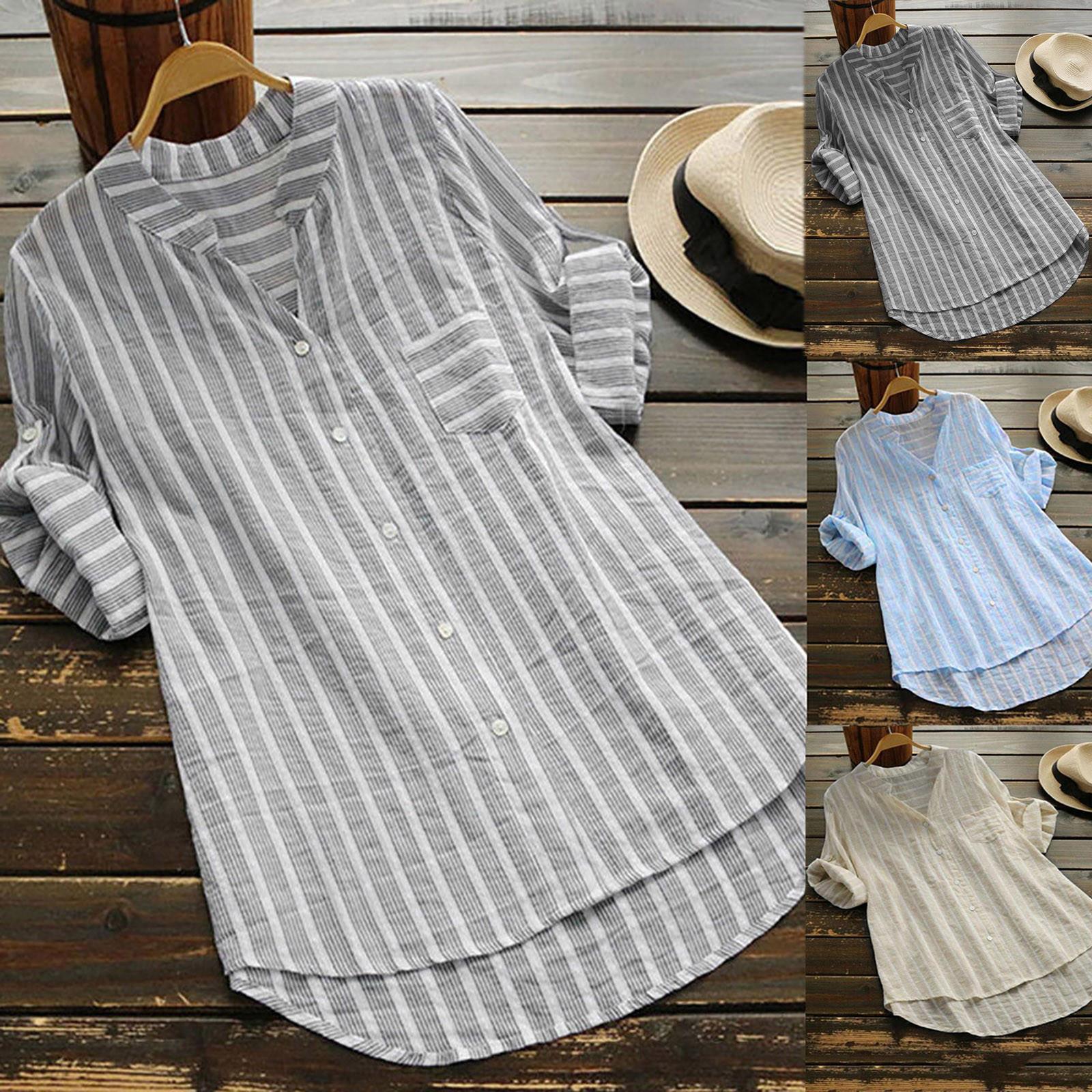 

Women Cotton Striped Three Quarter Sleeve Shirt Casual Loose Blouse Button Tops