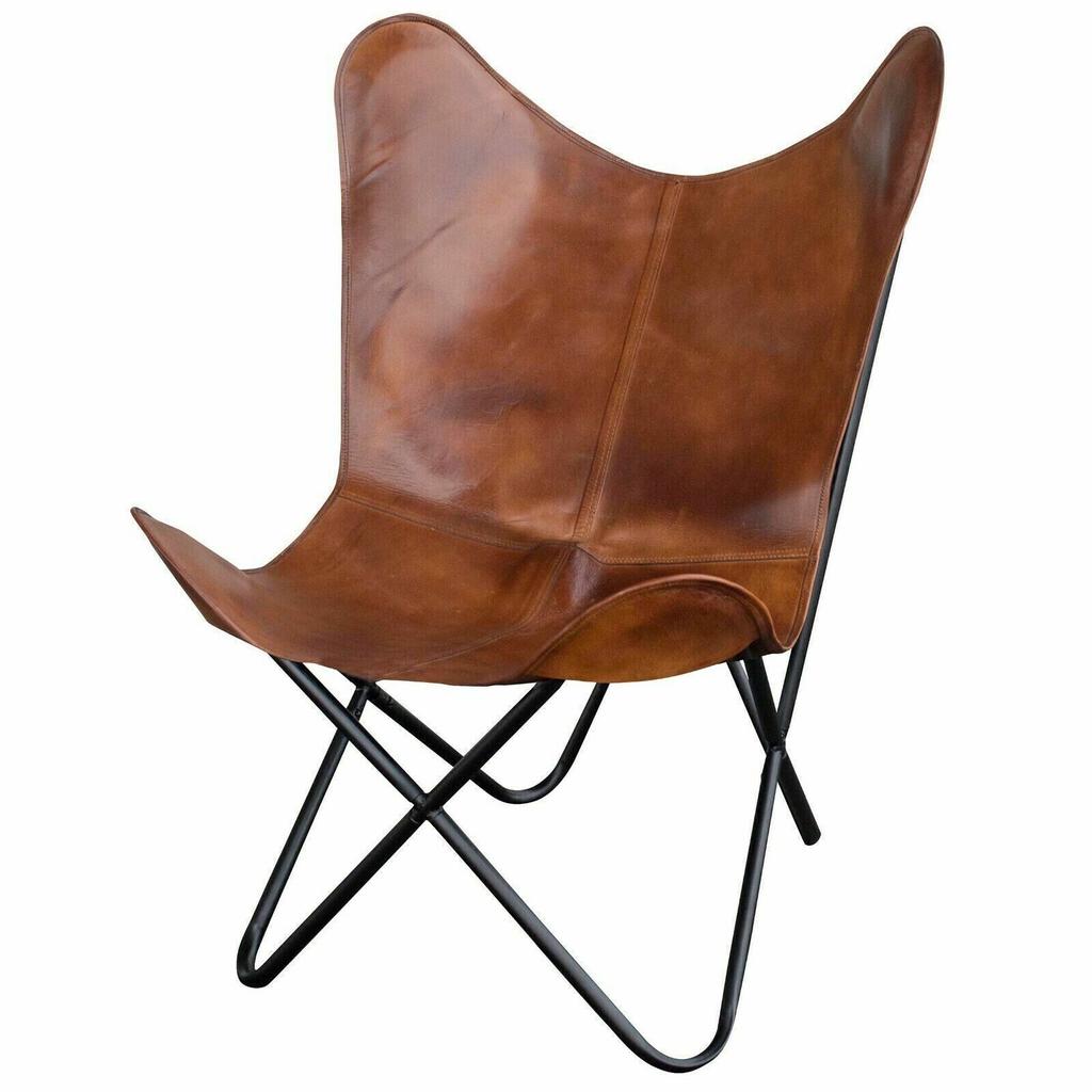2 Handmade VINTAGE BROWN BUFFALO LEATHER BUTTERFLY RELAX ARM CHAIR BKF WITH STAND
