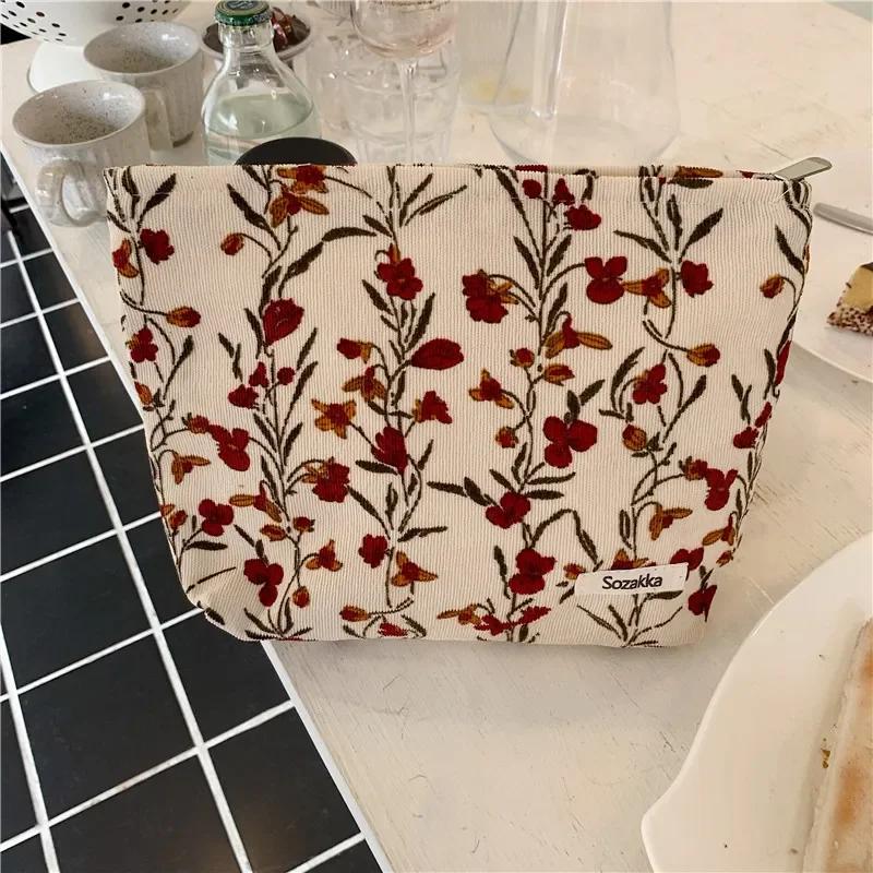 Corduroy Makeup Bags for Women Floral Print Cosmetic Bag Pencil Case Travel Toiletry Bag Storage Bag Organizer Beauty Case
