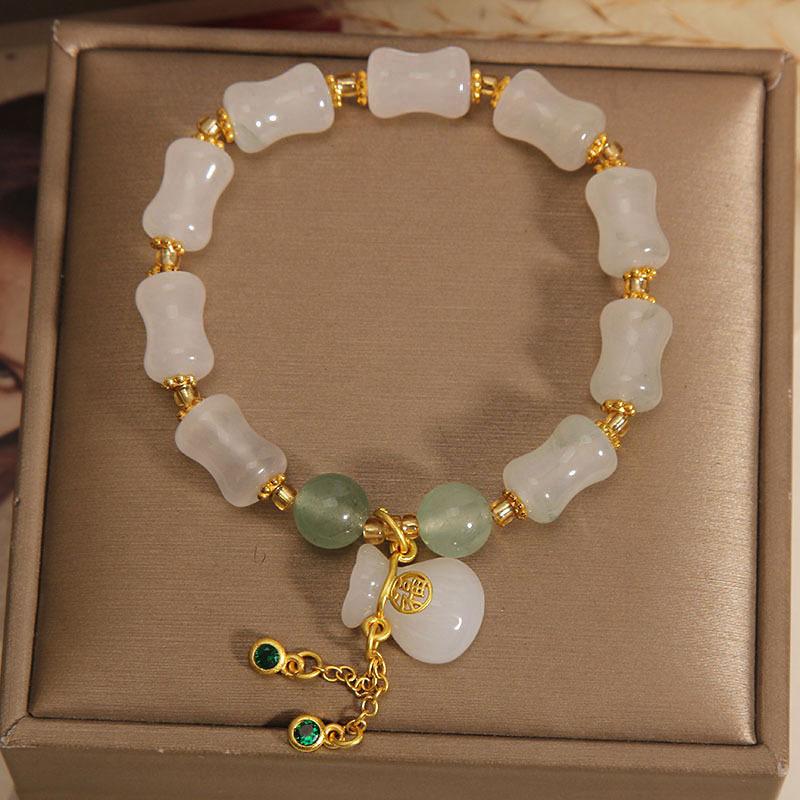

Lucky Bamboo White Jade Tassel Beaded Bracelet Chinese Style Hand Jewelry for Women Daily Dating Party Holiday Gift