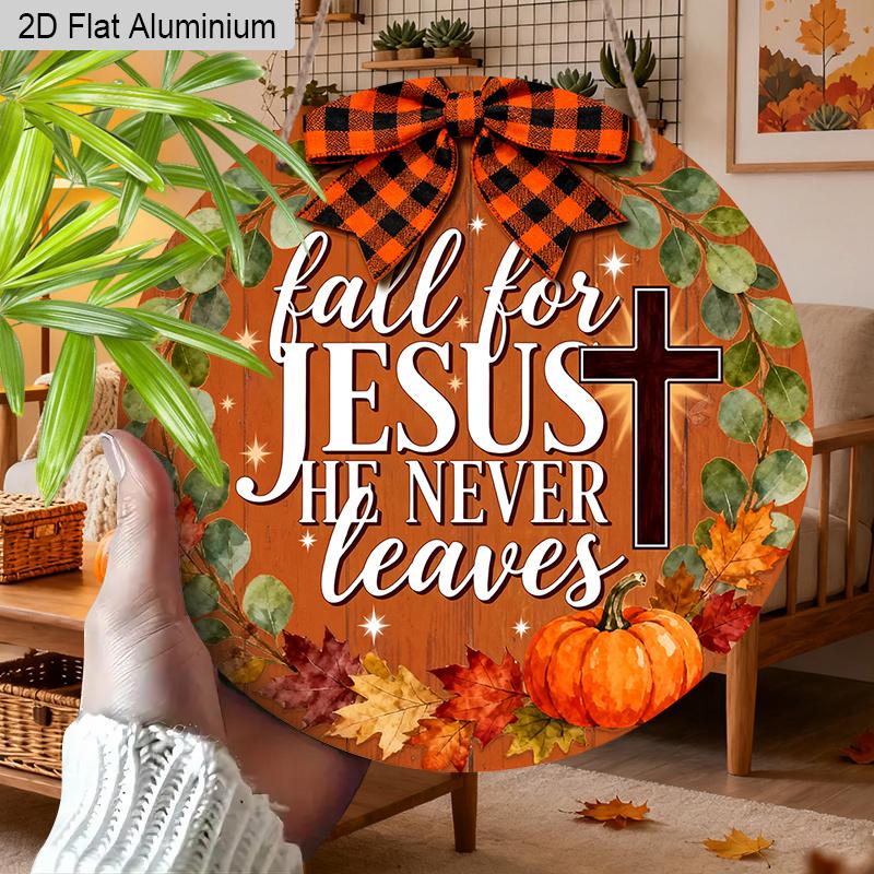 2D Flat Jesus Fall Aluminium Sign with Bow & Cross Pattern - Thanksgiving Figurine Ornaments - Ideal for Front Door, Wall, Porch, Fence Decor - Ideal