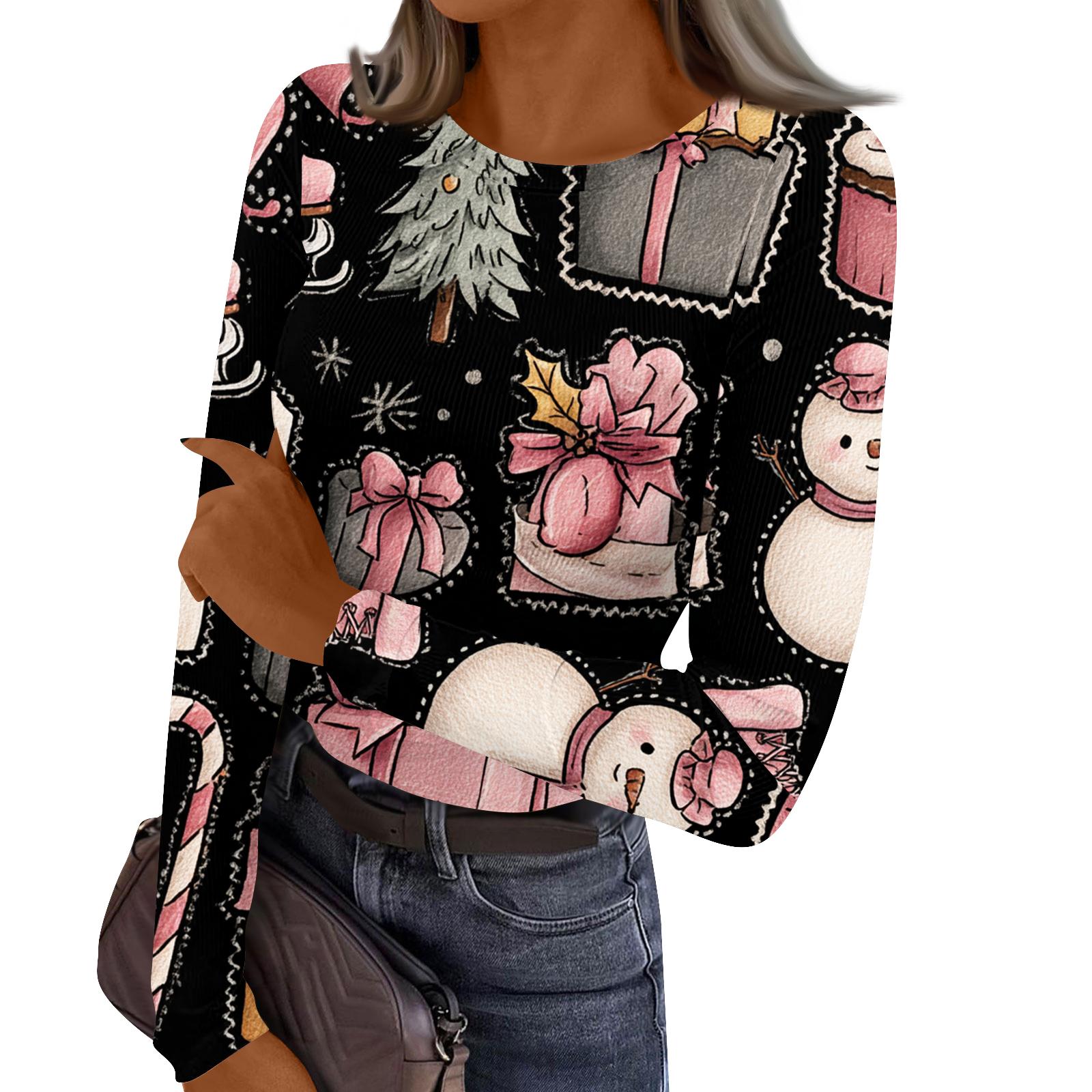 

Женский повседневный модный топ с круглым вырезом, рождественским принтом и длинным рукавом в полоску L