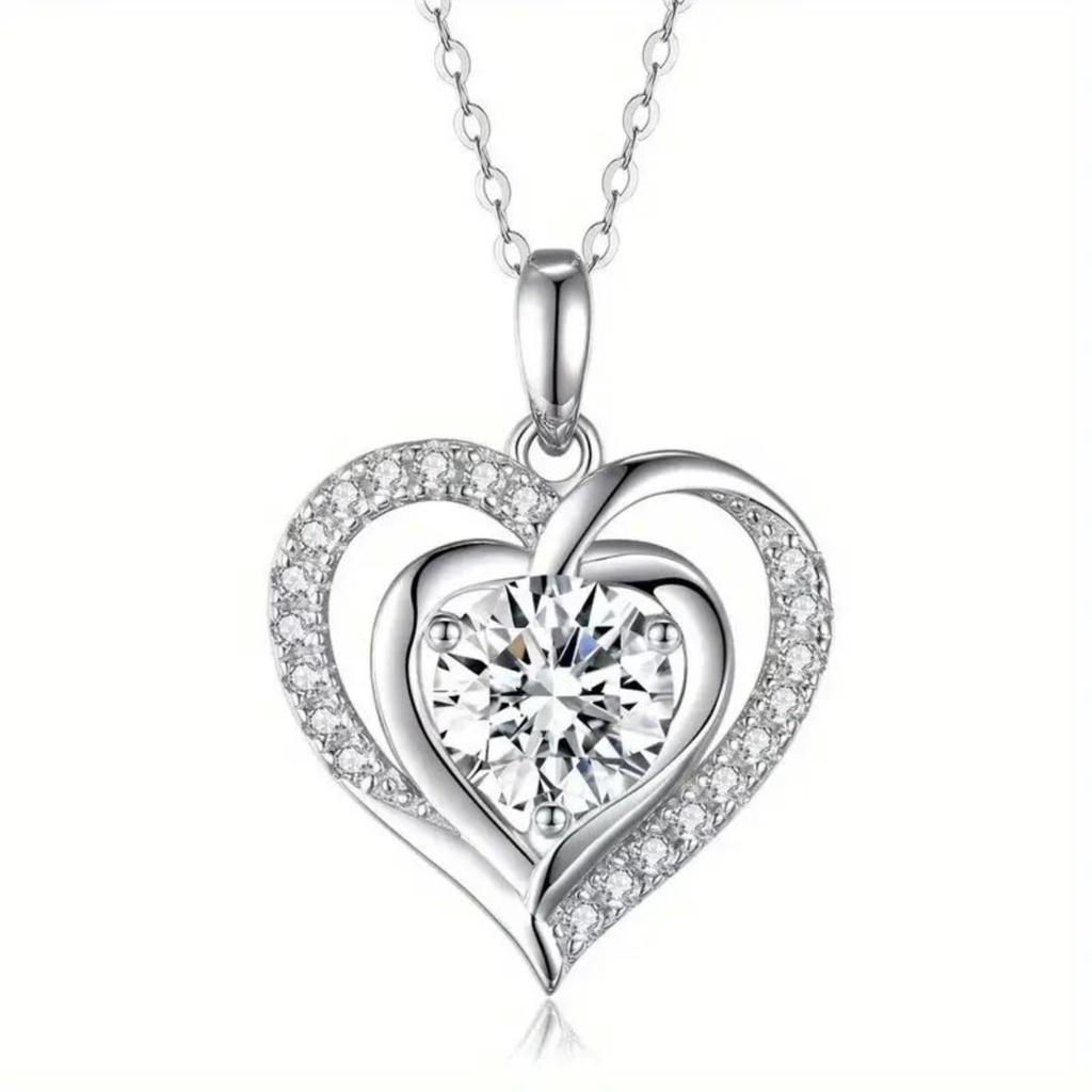 Nested Double Heart Full Paved Border Center Heart Cut Zircon Pendant Women Clavicle Necklace