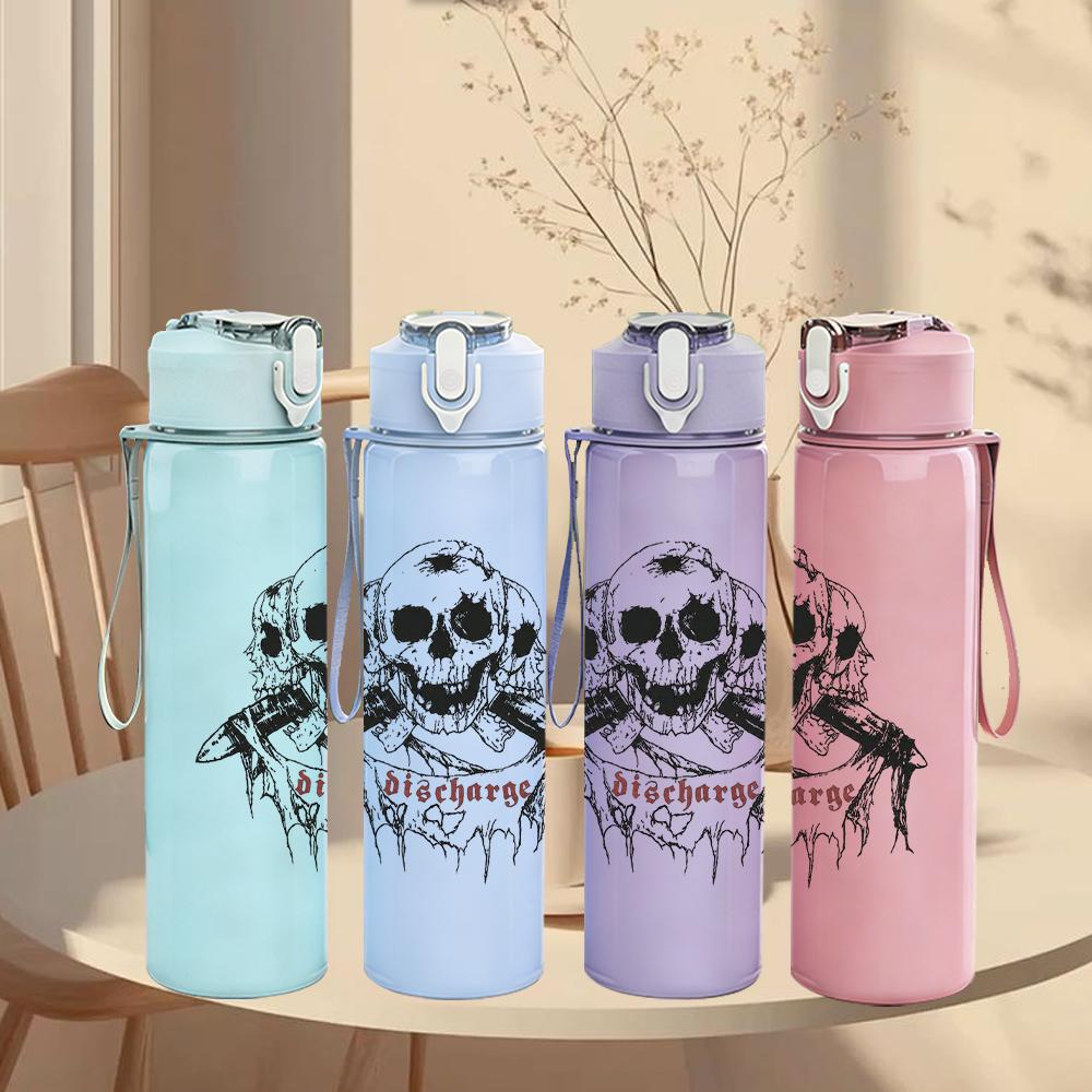 1PC Skull grunge circular band print 750ml colorful plastic sports water bottle leakproof pop up lid with straw for outdoor work home use
