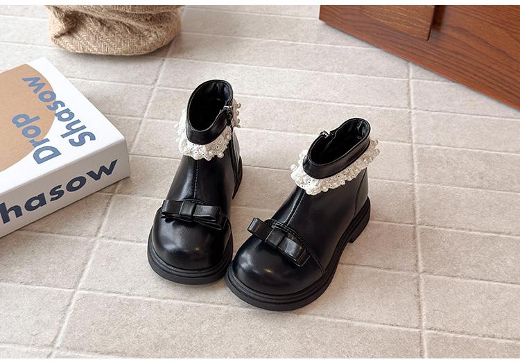 British Style Girls Fleece Lined Bow Pearl Lace Martin Ankle Boots