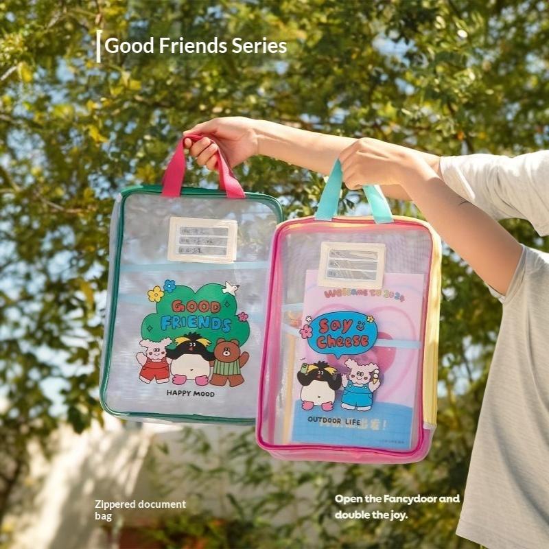 Colorful Cute Large Capacity File Bag, Transparent Document Handbag For Student Exams, A4 Zipper Paper Storage Bag