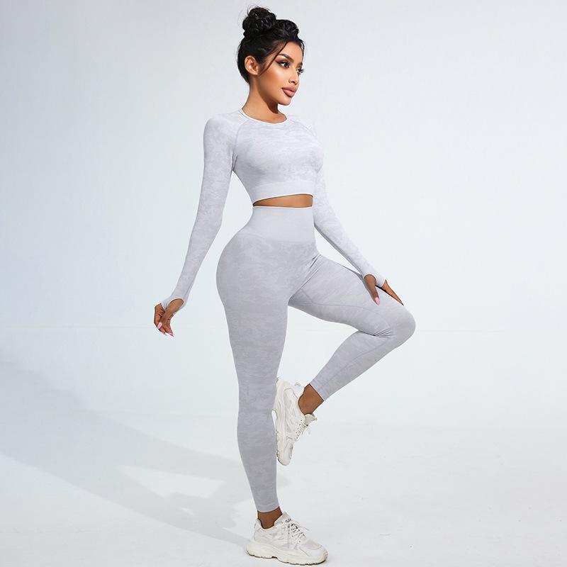 Dámská maskáčová jógová souprava s vysokým pasem - Dlouhý rukáv a kalhoty na podzim/zimu