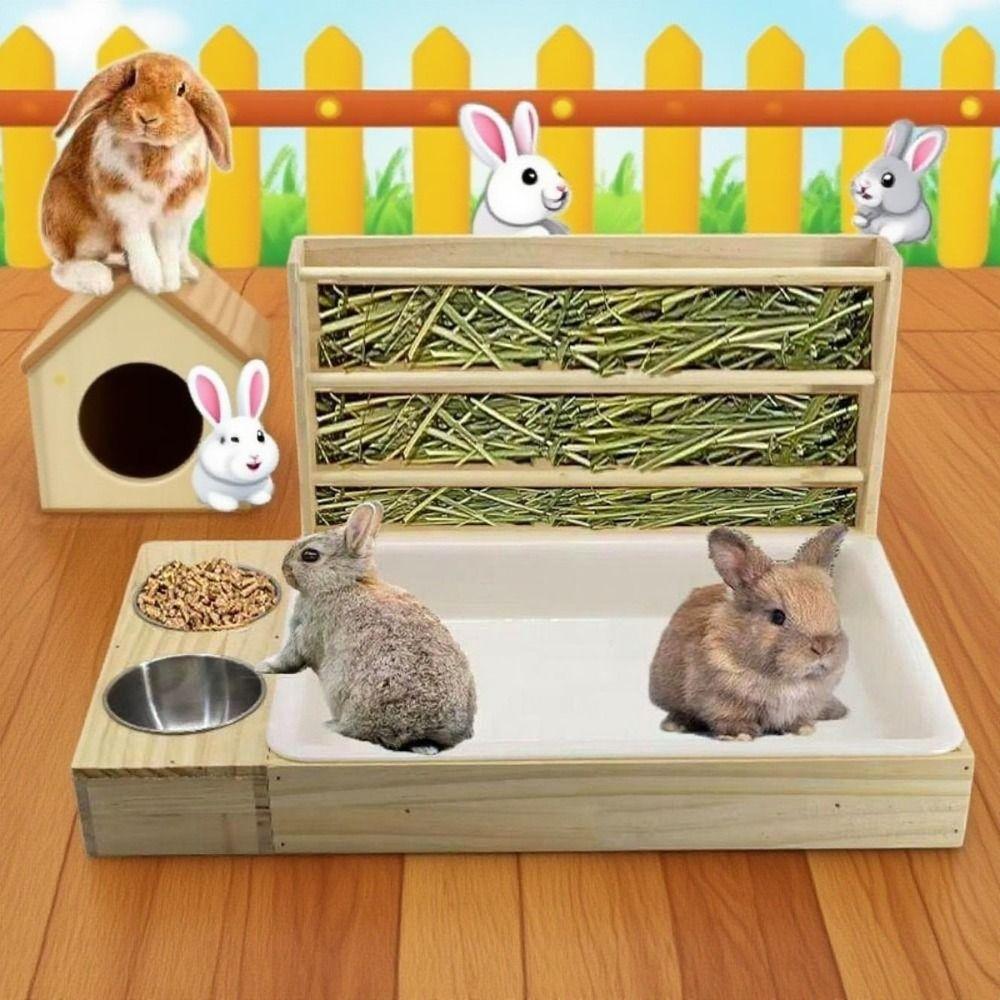 Multifunctional Rabbit Hay Feeder with Litter Box 3 in 1 Bunny Feeding Manger Wooden Wet and Dry Separation